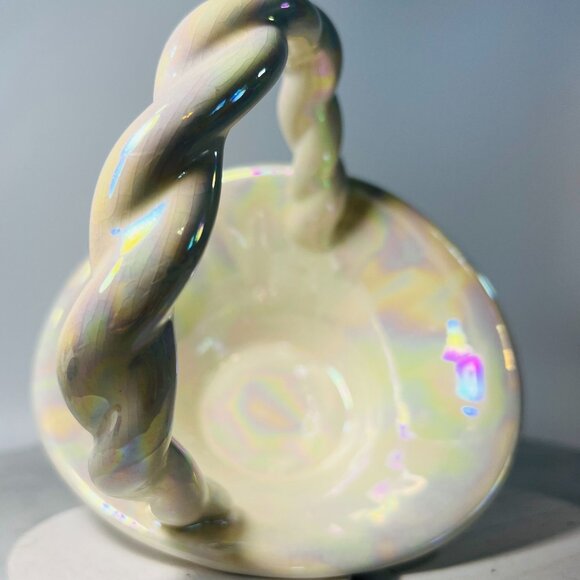Vtg Iridescent Ceramic Basket Opalescence Twisted Handle Trinkets Flowers Crazed - Picture 3 of 8